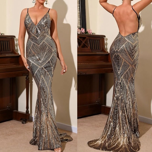 Luxe mermaid hem backless party formal evening sequins gown dress